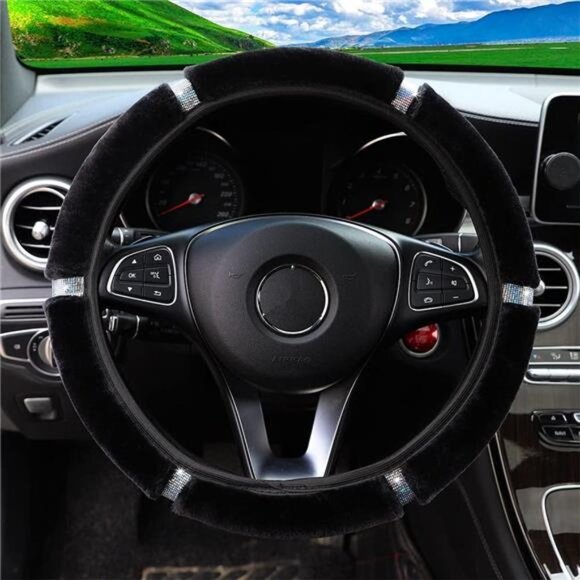 Velvet Fluffy Steering Wheel Cover, Diamond Bling Bling Crystal Rhinestones - Picture 2 of 7